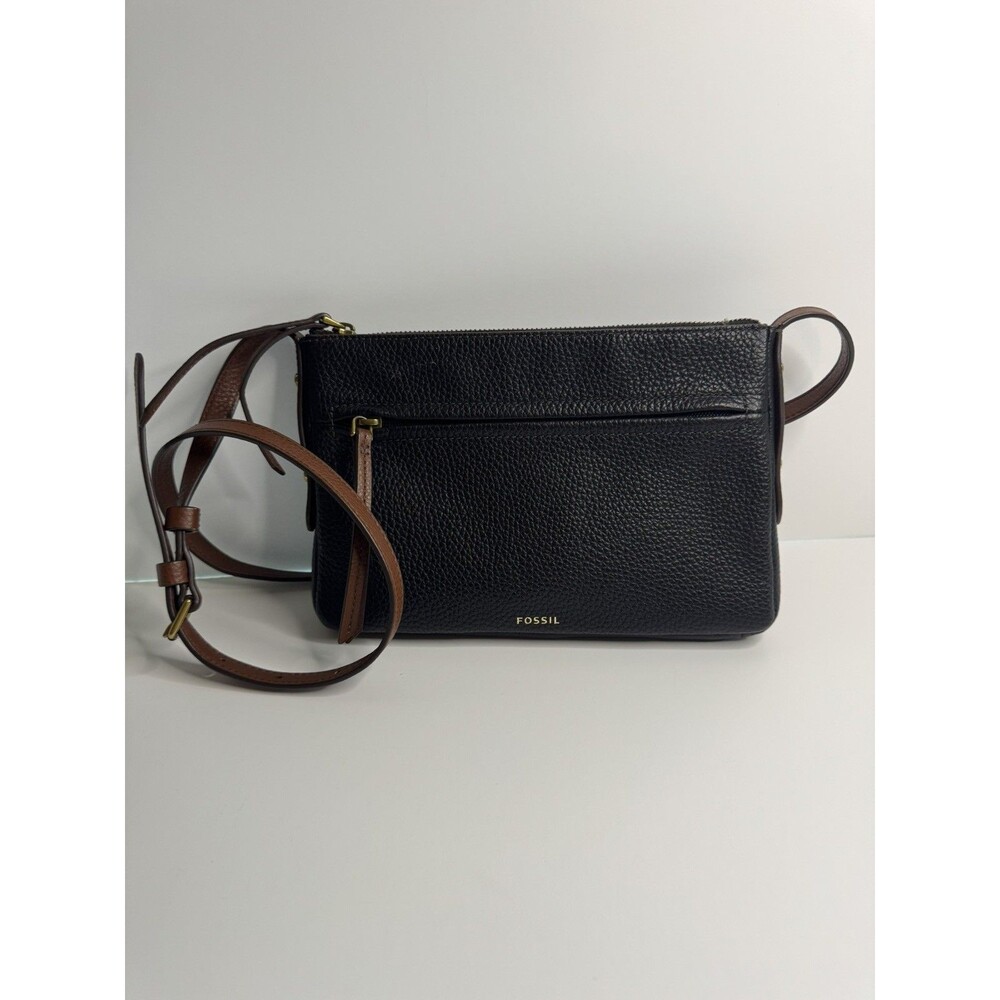Fossil Gemma Pebbled Leather Two Tone Black Brown Crossbody Purse- brasshardware